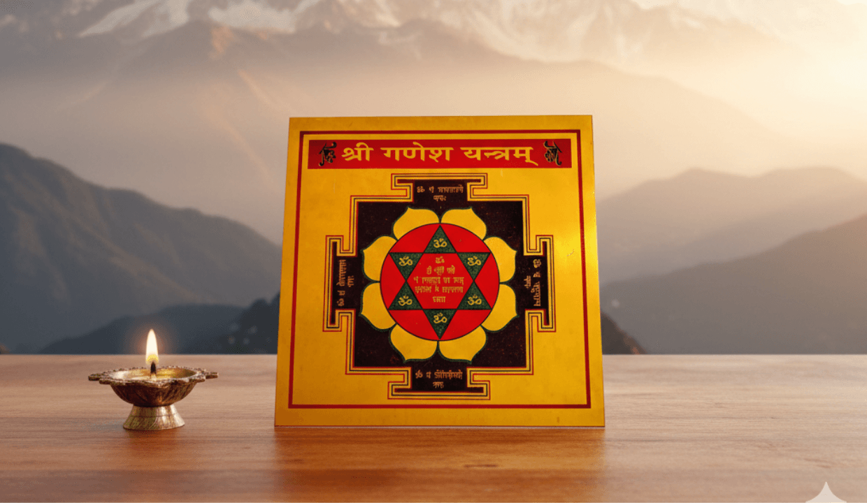 Shri Ganesh Yantra | Original Ganpati Yantra on Brass Plate for Success & Obstacle Removal | Office & Shop Use | Wall Frame for Home