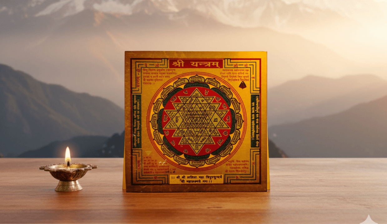 Shri Yantra | Original Shri Yantram on Brass Plate for Home Puja & Meditation | Peace, Prosperity & Positive Energy | Wall Frame for Living Room