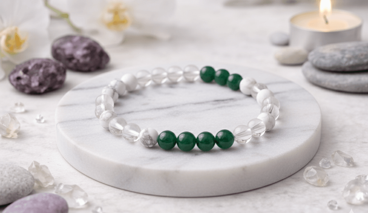 Clear Quartz, Green Aventurine, and Howlite: Trinity Quartz – (represents clarity, healing, and calm together)