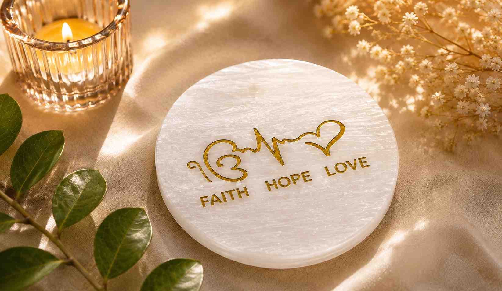 Selenite Faith Hope Love Charging Plate